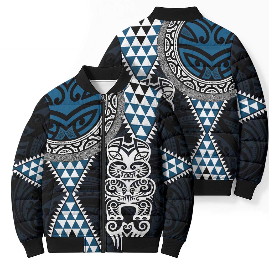Blue Aotearoa Niho Taniwha Bomber Puffer Jacket Maori Mythology Tooth - Taniko Motifs - Polynesian Pride
