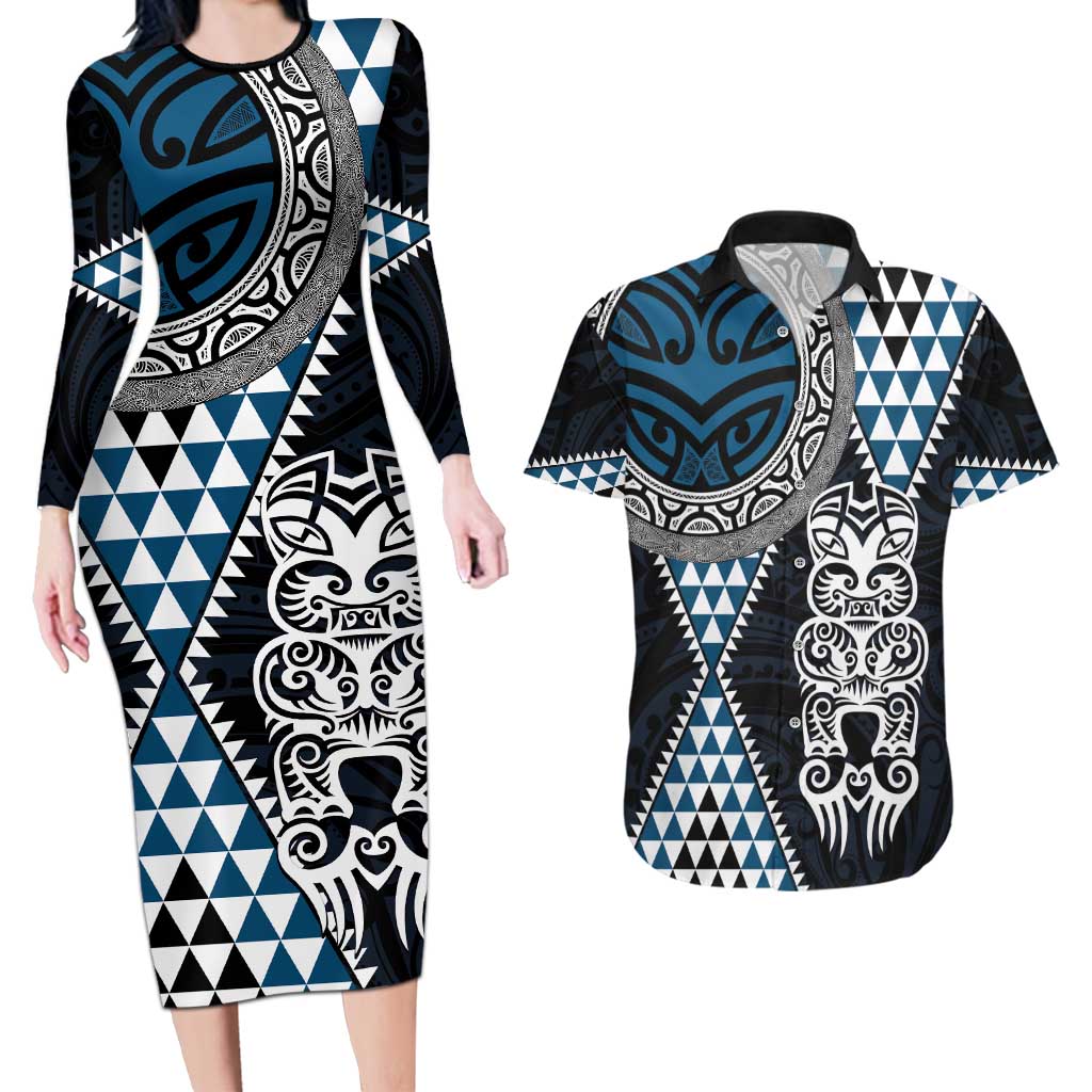 Blue Aotearoa Niho Taniwha Couples Matching Long Sleeve Bodycon Dress and Hawaiian Shirt Maori Mythology Tooth - Taniko Motifs LT14 Blue - Polynesian Pride