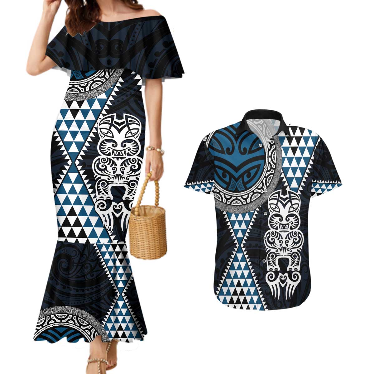 Blue Aotearoa Niho Taniwha Couples Matching Mermaid Dress and Hawaiian Shirt Maori Mythology Tooth - Taniko Motifs LT14 Blue - Polynesian Pride