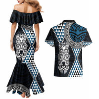 Blue Aotearoa Niho Taniwha Couples Matching Mermaid Dress and Hawaiian Shirt Maori Mythology Tooth - Taniko Motifs LT14 - Polynesian Pride