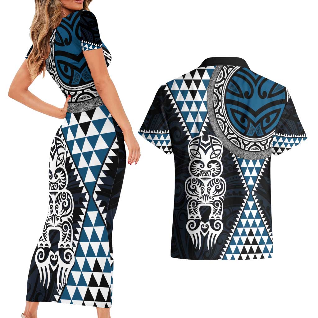 Blue Aotearoa Niho Taniwha Couples Matching Short Sleeve Bodycon Dress and Hawaiian Shirt Maori Mythology Tooth - Taniko Motifs LT14 - Polynesian Pride