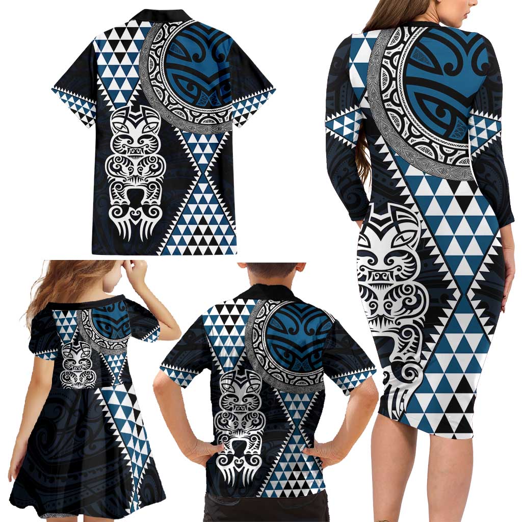 Blue Aotearoa Niho Taniwha Family Matching Long Sleeve Bodycon Dress and Hawaiian Shirt Maori Mythology Tooth - Taniko Motifs LT14 - Polynesian Pride