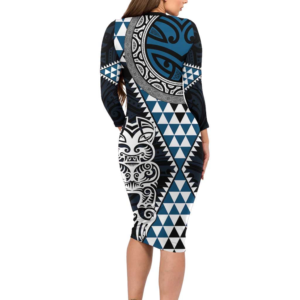 Blue Aotearoa Niho Taniwha Family Matching Long Sleeve Bodycon Dress and Hawaiian Shirt Maori Mythology Tooth - Taniko Motifs LT14 - Polynesian Pride