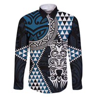 Blue Aotearoa Niho Taniwha Family Matching Mermaid Dress and Hawaiian Shirt Maori Mythology Tooth - Taniko Motifs LT14 Dad's Shirt - Long Sleeve Blue - Polynesian Pride