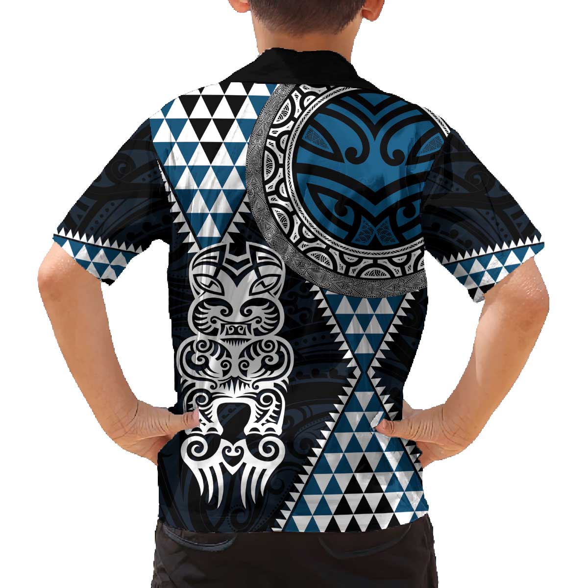 Blue Aotearoa Niho Taniwha Family Matching Off The Shoulder Long Sleeve Dress and Hawaiian Shirt Maori Mythology Tooth - Taniko Motifs LT14 - Polynesian Pride