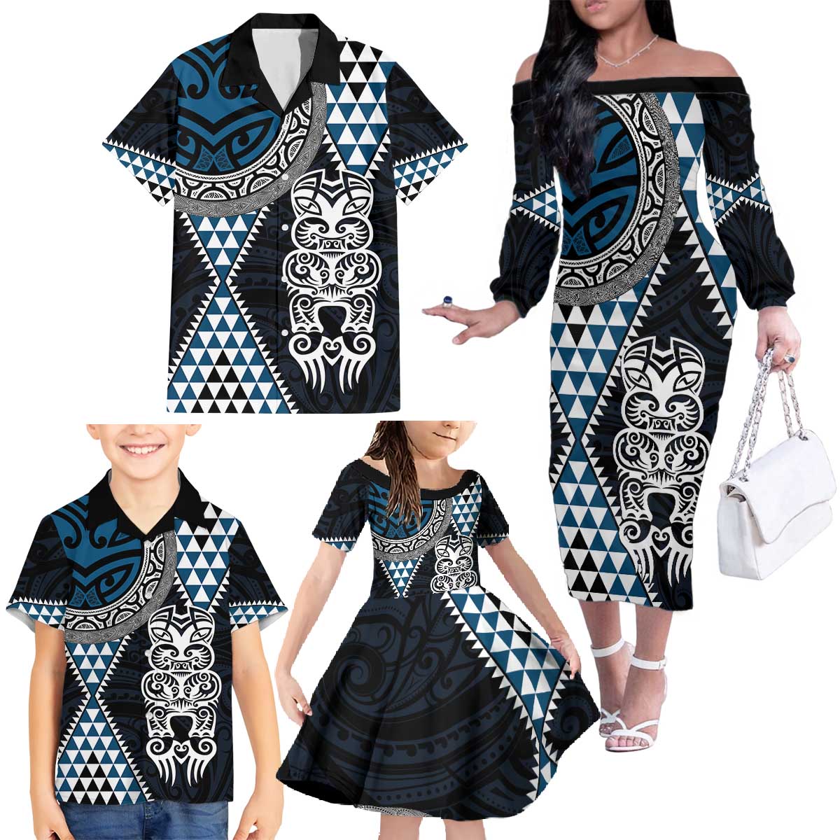 Blue Aotearoa Niho Taniwha Family Matching Off The Shoulder Long Sleeve Dress and Hawaiian Shirt Maori Mythology Tooth - Taniko Motifs LT14 - Polynesian Pride
