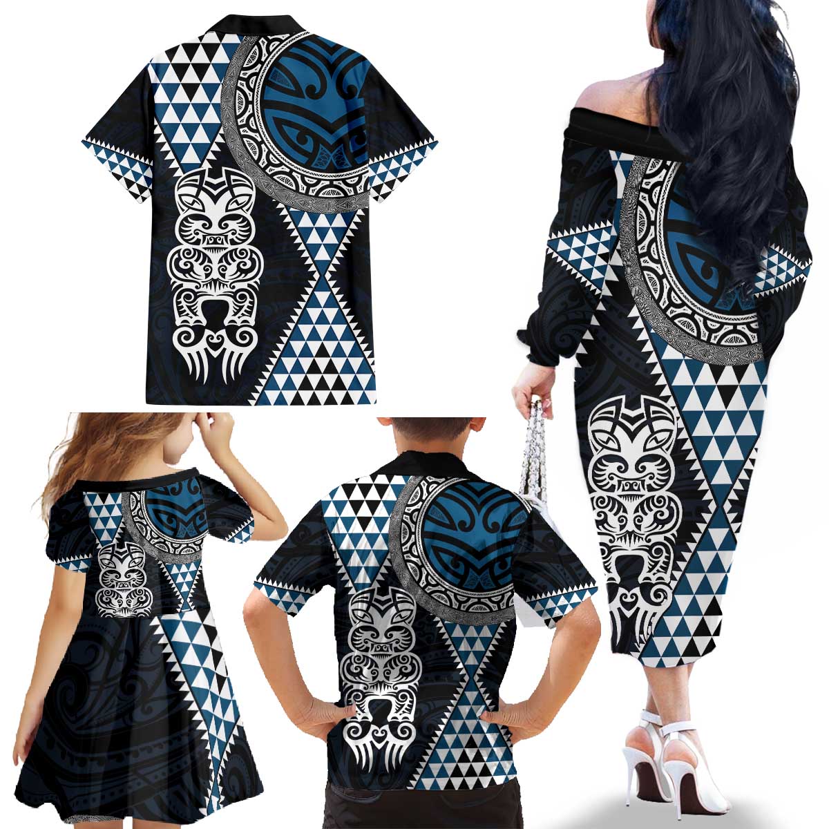 Blue Aotearoa Niho Taniwha Family Matching Off The Shoulder Long Sleeve Dress and Hawaiian Shirt Maori Mythology Tooth - Taniko Motifs LT14 - Polynesian Pride