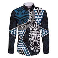 Blue Aotearoa Niho Taniwha Family Matching Off The Shoulder Long Sleeve Dress and Hawaiian Shirt Maori Mythology Tooth - Taniko Motifs LT14 Dad's Shirt - Long Sleeve Blue - Polynesian Pride