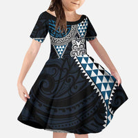 Blue Aotearoa Niho Taniwha Family Matching Off Shoulder Maxi Dress and Hawaiian Shirt Maori Mythology Tooth - Taniko Motifs LT14 Daughter's Dress Blue - Polynesian Pride
