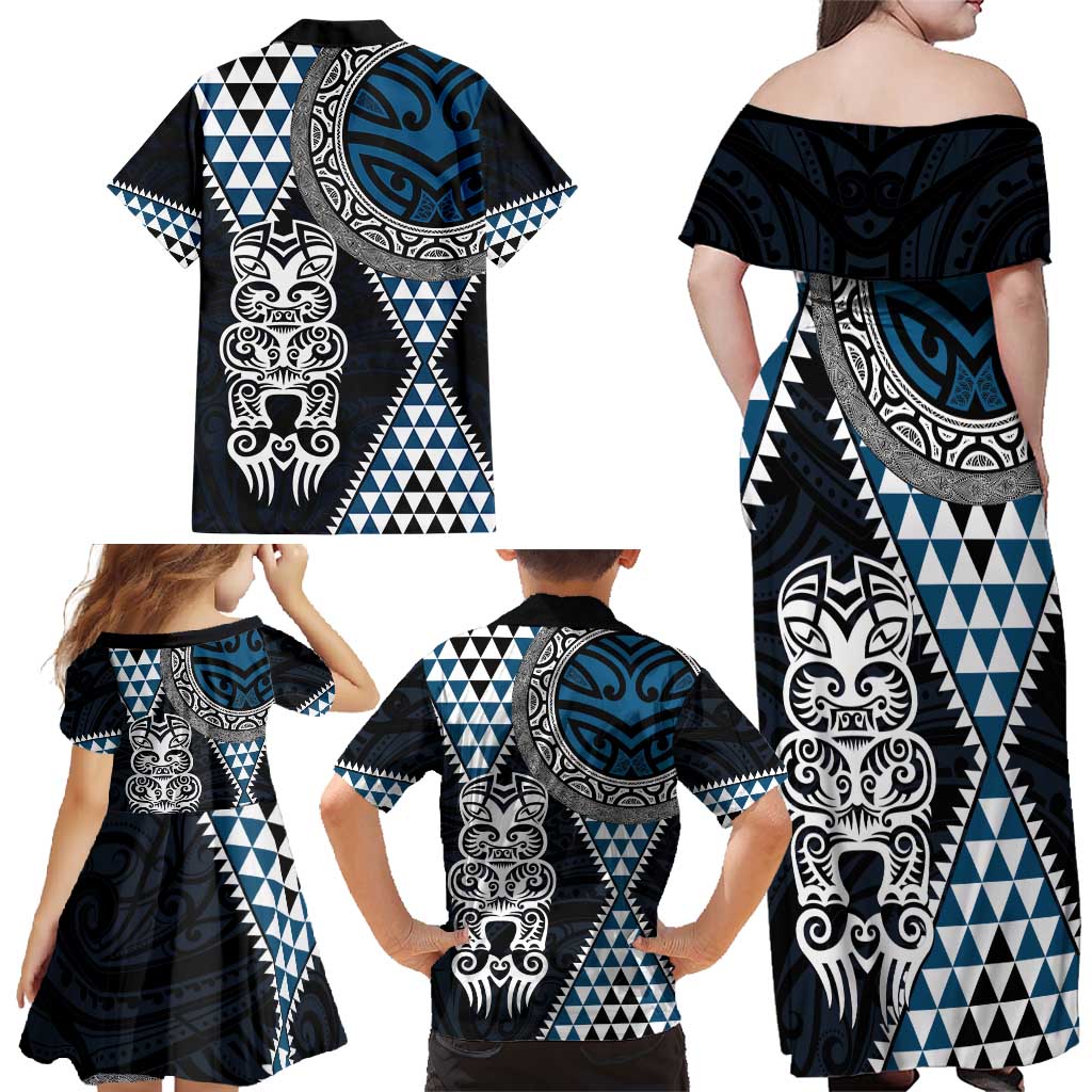 Blue Aotearoa Niho Taniwha Family Matching Off Shoulder Maxi Dress and Hawaiian Shirt Maori Mythology Tooth - Taniko Motifs LT14 - Polynesian Pride