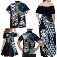 Blue Aotearoa Niho Taniwha Family Matching Off Shoulder Maxi Dress and Hawaiian Shirt Maori Mythology Tooth - Taniko Motifs LT14 - Polynesian Pride