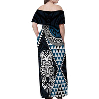 Blue Aotearoa Niho Taniwha Family Matching Off Shoulder Maxi Dress and Hawaiian Shirt Maori Mythology Tooth - Taniko Motifs LT14 - Polynesian Pride