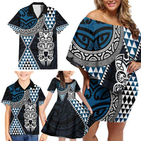 Blue Aotearoa Niho Taniwha Family Matching Off Shoulder Short Dress and Hawaiian Shirt Maori Mythology Tooth - Taniko Motifs LT14 - Polynesian Pride