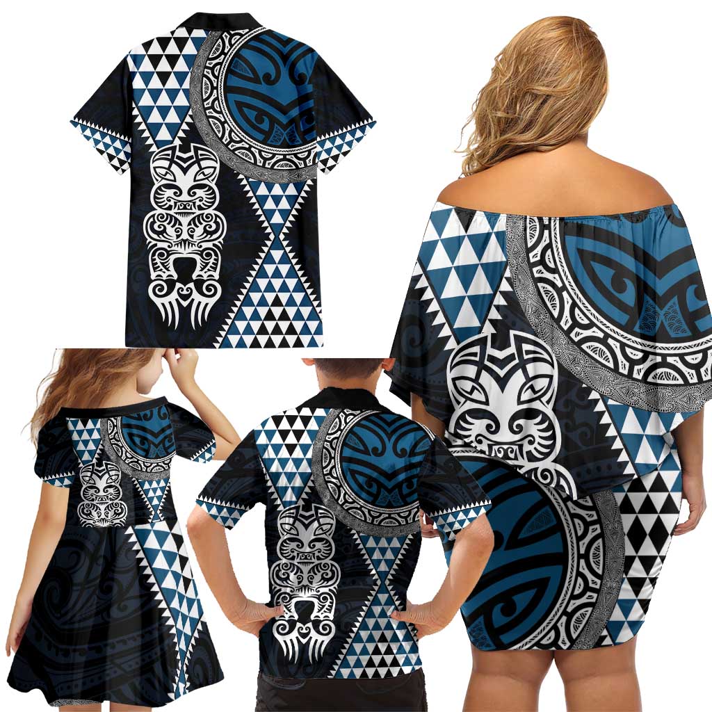Blue Aotearoa Niho Taniwha Family Matching Off Shoulder Short Dress and Hawaiian Shirt Maori Mythology Tooth - Taniko Motifs LT14 - Polynesian Pride