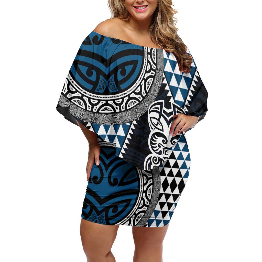 Blue Aotearoa Niho Taniwha Family Matching Off Shoulder Short Dress and Hawaiian Shirt Maori Mythology Tooth - Taniko Motifs LT14 Mom's Dress Blue - Polynesian Pride