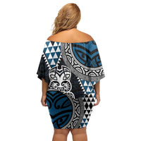 Blue Aotearoa Niho Taniwha Family Matching Off Shoulder Short Dress and Hawaiian Shirt Maori Mythology Tooth - Taniko Motifs LT14 - Polynesian Pride