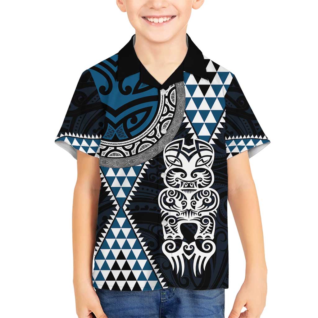 Blue Aotearoa Niho Taniwha Family Matching Off Shoulder Short Dress and Hawaiian Shirt Maori Mythology Tooth - Taniko Motifs LT14 Son's Shirt Blue - Polynesian Pride