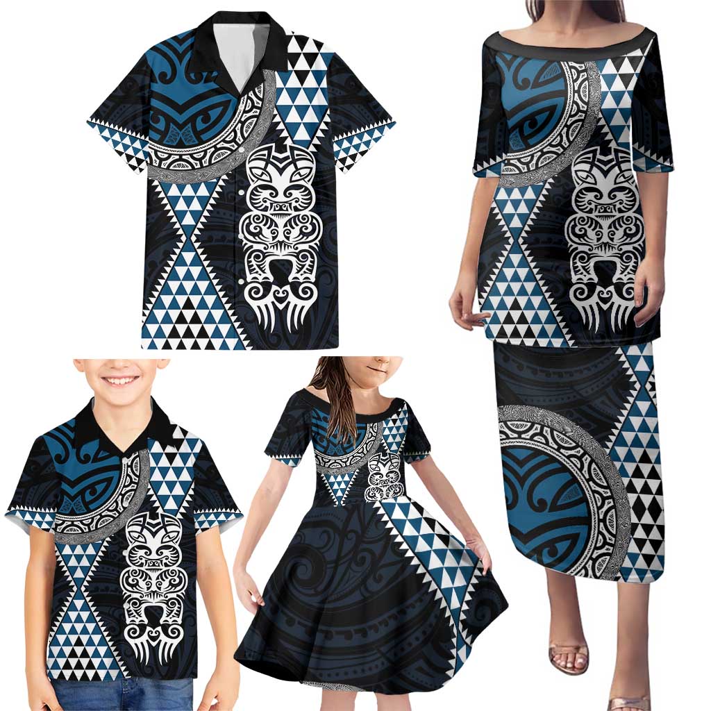 Blue Aotearoa Niho Taniwha Family Matching Puletasi and Hawaiian Shirt Maori Mythology Tooth - Taniko Motifs LT14 - Polynesian Pride