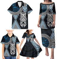 Blue Aotearoa Niho Taniwha Family Matching Puletasi and Hawaiian Shirt Maori Mythology Tooth - Taniko Motifs LT14 - Polynesian Pride