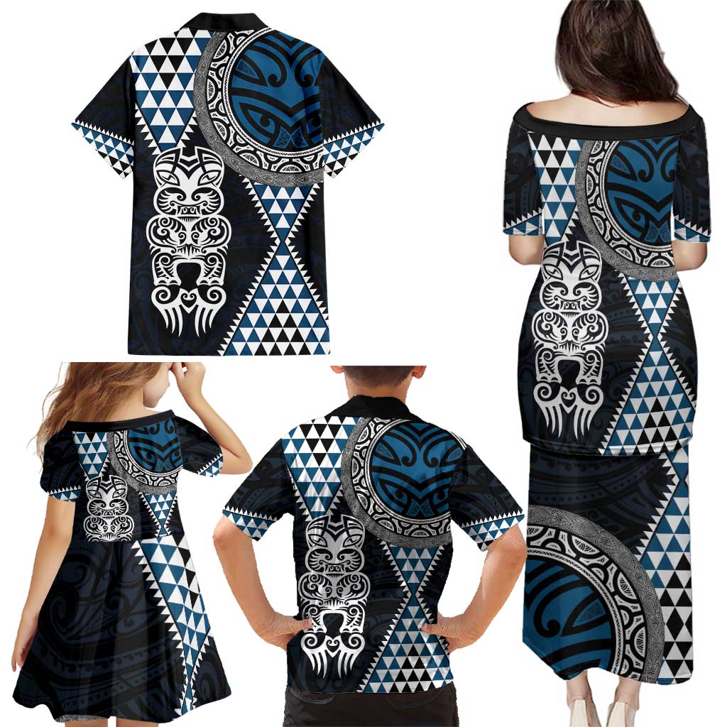 Blue Aotearoa Niho Taniwha Family Matching Puletasi and Hawaiian Shirt Maori Mythology Tooth - Taniko Motifs LT14 - Polynesian Pride