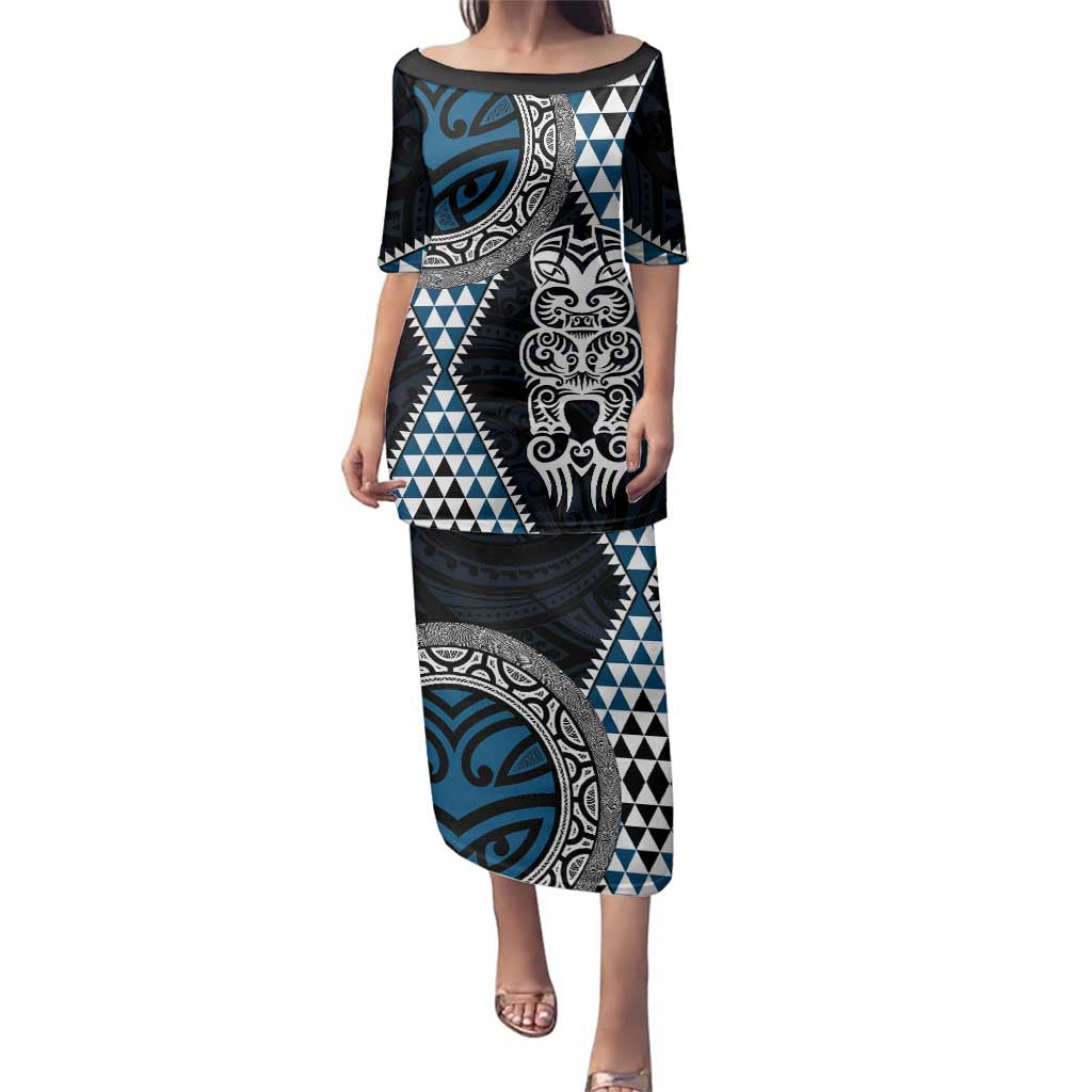 Blue Aotearoa Niho Taniwha Family Matching Puletasi and Hawaiian Shirt Maori Mythology Tooth - Taniko Motifs LT14 Mom's Dress Blue - Polynesian Pride