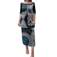 Blue Aotearoa Niho Taniwha Family Matching Puletasi and Hawaiian Shirt Maori Mythology Tooth - Taniko Motifs LT14 Mom's Dress Blue - Polynesian Pride