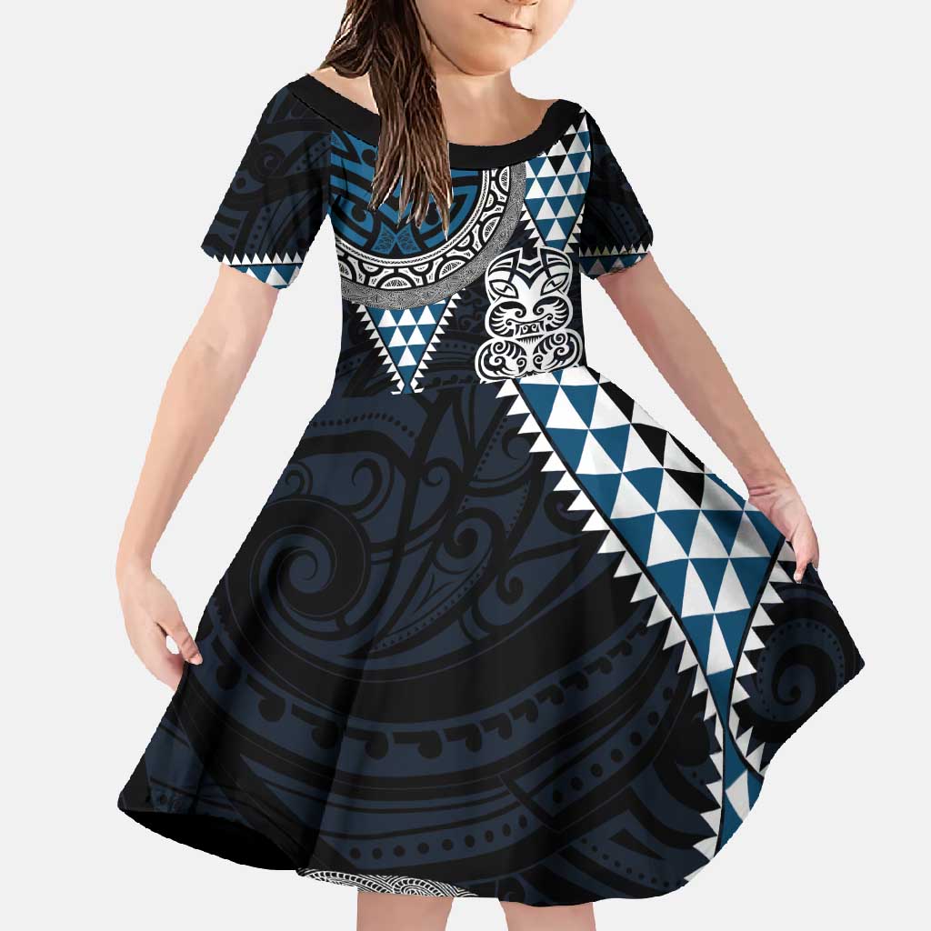 Blue Aotearoa Niho Taniwha Family Matching Short Sleeve Bodycon Dress and Hawaiian Shirt Maori Mythology Tooth - Taniko Motifs LT14 Daughter's Dress Blue - Polynesian Pride