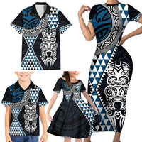 Blue Aotearoa Niho Taniwha Family Matching Short Sleeve Bodycon Dress and Hawaiian Shirt Maori Mythology Tooth - Taniko Motifs LT14 - Polynesian Pride