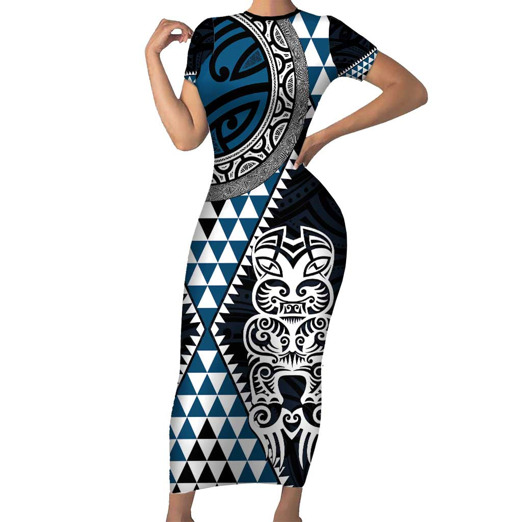 Blue Aotearoa Niho Taniwha Family Matching Short Sleeve Bodycon Dress and Hawaiian Shirt Maori Mythology Tooth - Taniko Motifs LT14 Mom's Dress Blue - Polynesian Pride