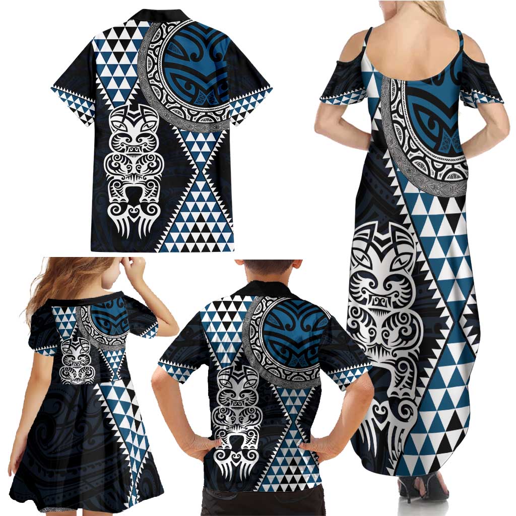 Blue Aotearoa Niho Taniwha Family Matching Summer Maxi Dress and Hawaiian Shirt Maori Mythology Tooth - Taniko Motifs LT14 - Polynesian Pride