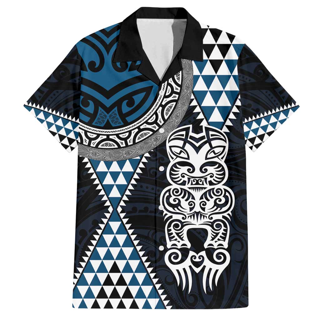 Blue Aotearoa Niho Taniwha Family Matching Summer Maxi Dress and Hawaiian Shirt Maori Mythology Tooth - Taniko Motifs LT14 Dad's Shirt - Short Sleeve Blue - Polynesian Pride
