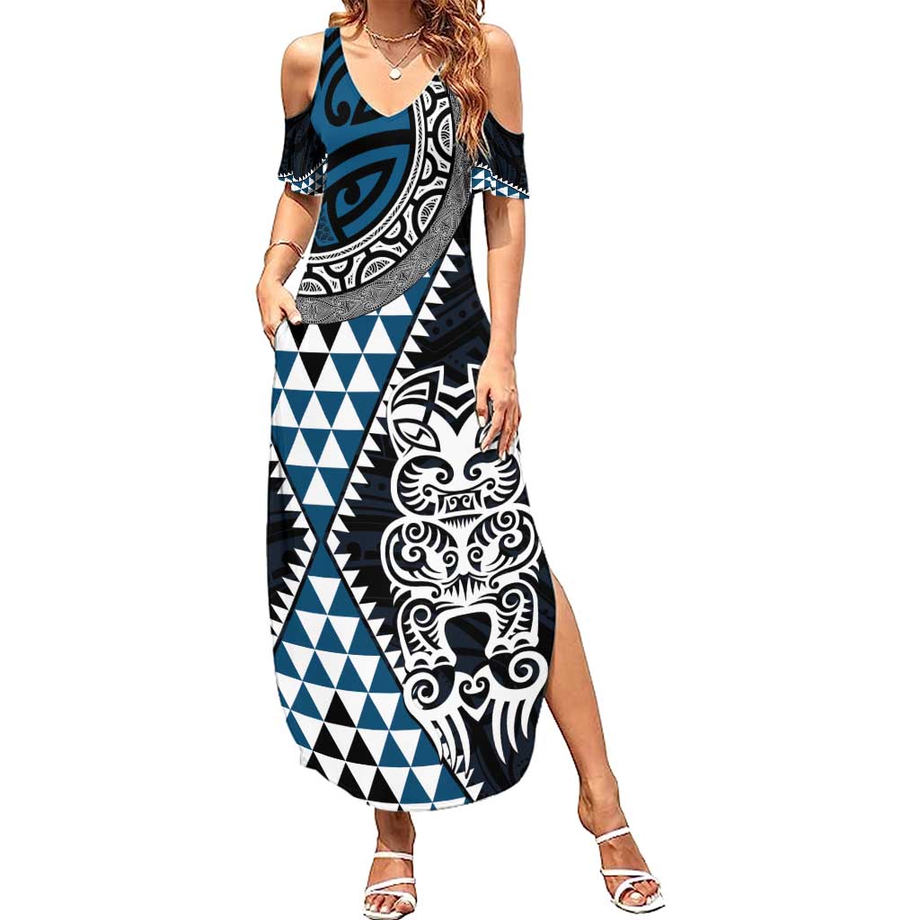 Blue Aotearoa Niho Taniwha Family Matching Summer Maxi Dress and Hawaiian Shirt Maori Mythology Tooth - Taniko Motifs LT14 Mom's Dress Blue - Polynesian Pride