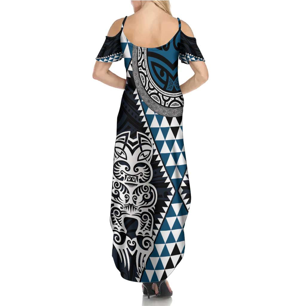 Blue Aotearoa Niho Taniwha Family Matching Summer Maxi Dress and Hawaiian Shirt Maori Mythology Tooth - Taniko Motifs LT14 - Polynesian Pride