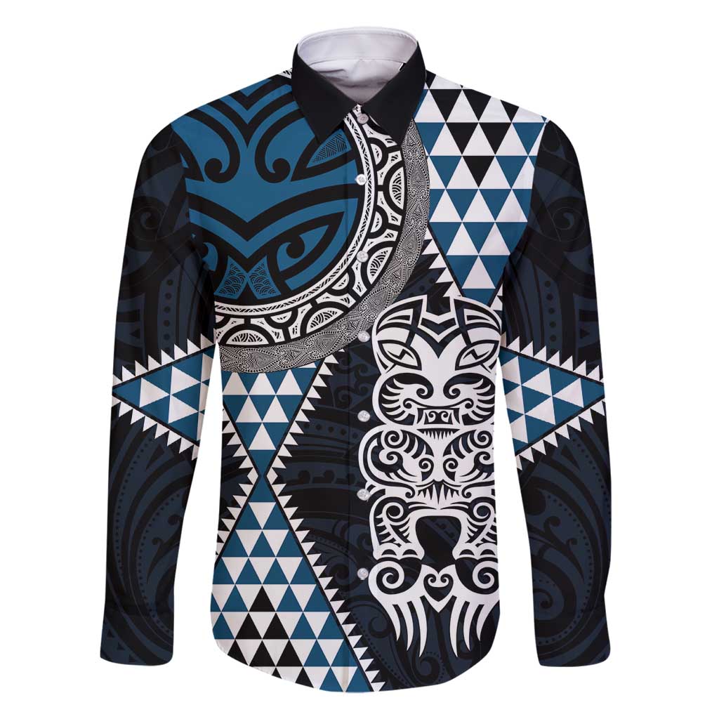 Blue Aotearoa Niho Taniwha Family Matching Tank Maxi Dress and Hawaiian Shirt Maori Mythology Tooth - Taniko Motifs LT14 Dad's Shirt - Long Sleeve Blue - Polynesian Pride
