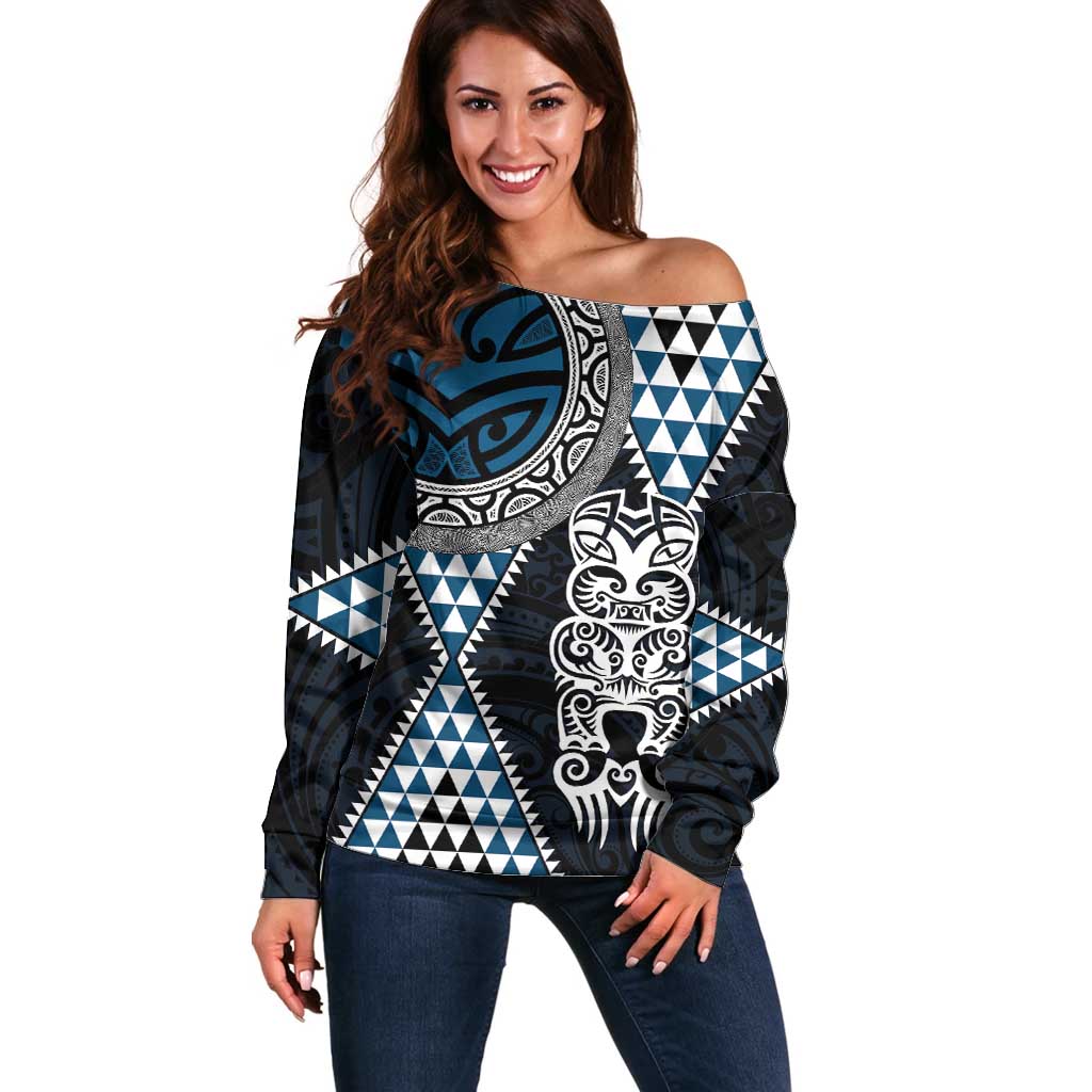 Blue Aotearoa Niho Taniwha Off Shoulder Sweater Maori Mythology Tooth - Taniko Motifs LT14 Women Blue - Polynesian Pride