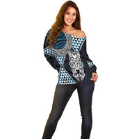 Blue Aotearoa Niho Taniwha Off Shoulder Sweater Maori Mythology Tooth - Taniko Motifs LT14 - Polynesian Pride