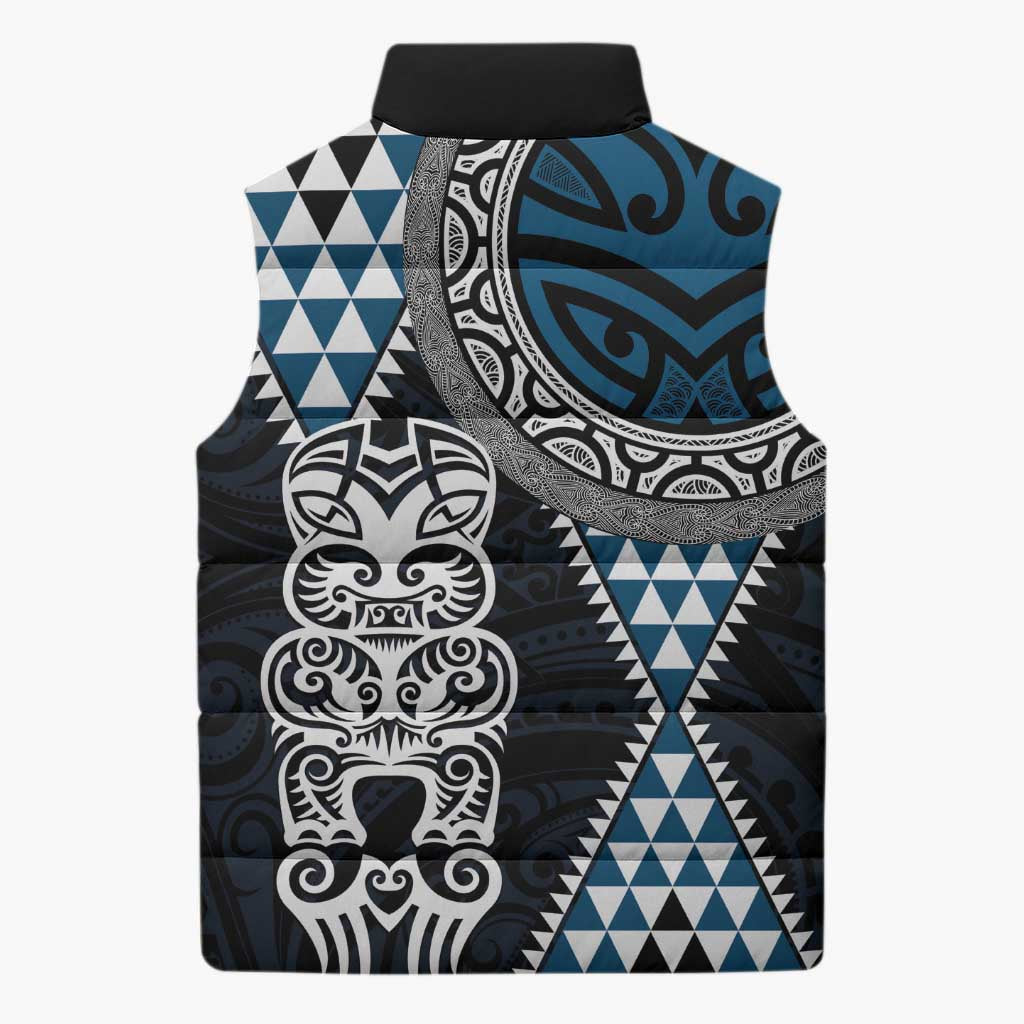 Blue Aotearoa Niho Taniwha Sleeveless Puffer Jacket Maori Mythology Tooth - Taniko Motifs LT14 - Polynesian Pride