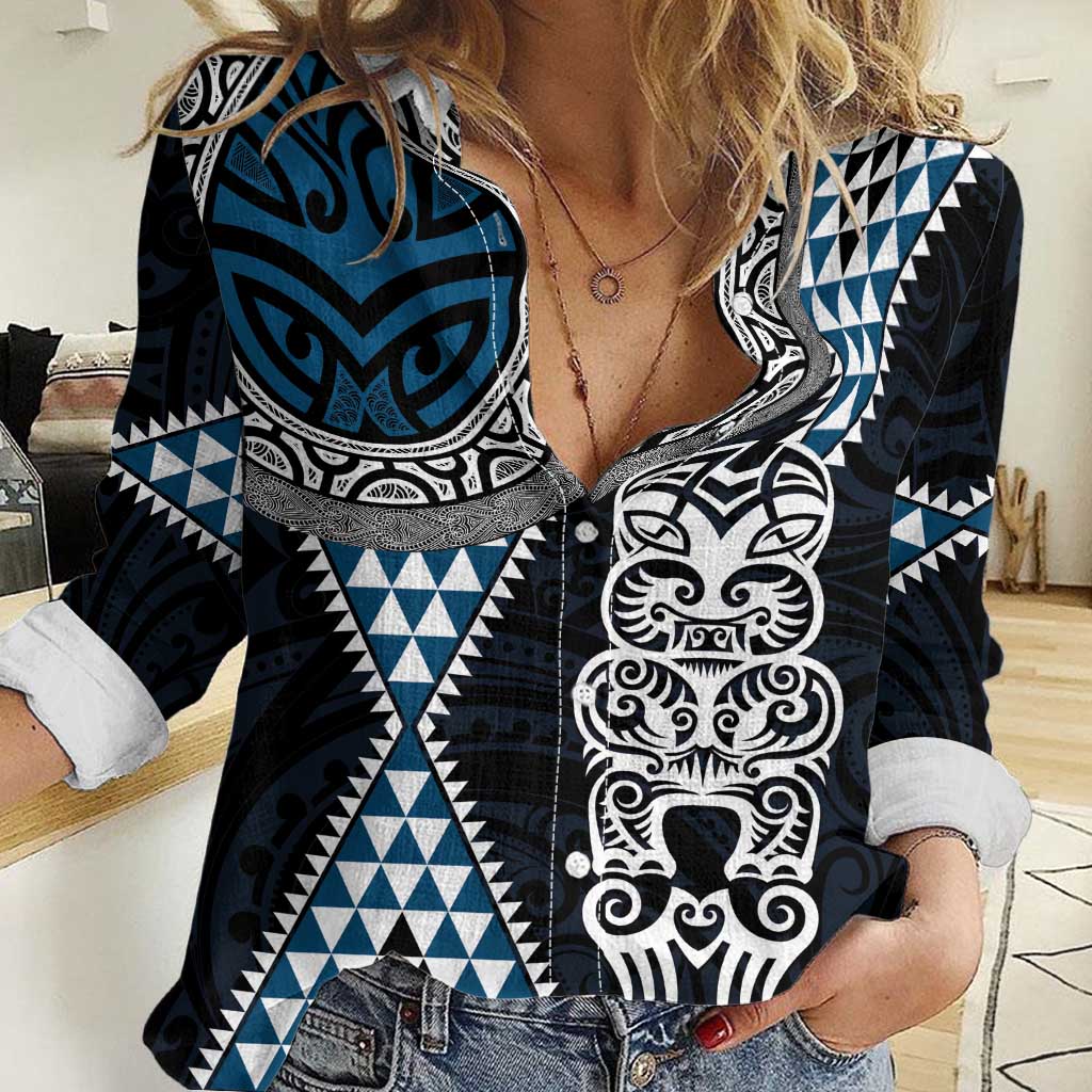 Blue Aotearoa Niho Taniwha Women Casual Shirt Maori Mythology Tooth - Taniko Motifs LT14 Female Blue - Polynesian Pride