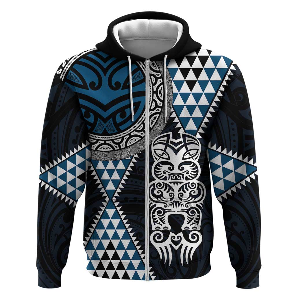 Blue Aotearoa Niho Taniwha Zip Hoodie Maori Mythology Tooth - Taniko Motifs LT14 Zip Hoodie Blue - Polynesian Pride