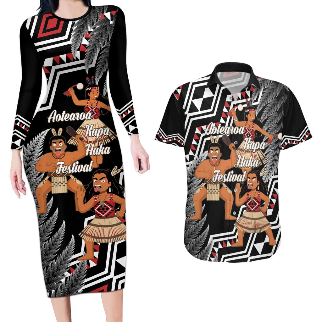 Aotearoa Kapa Haka Couples Matching Long Sleeve Bodycon Dress and Hawaiian Shirt 2025 Festival - Traditional Maori Dance LT14 Black - Polynesian Pride