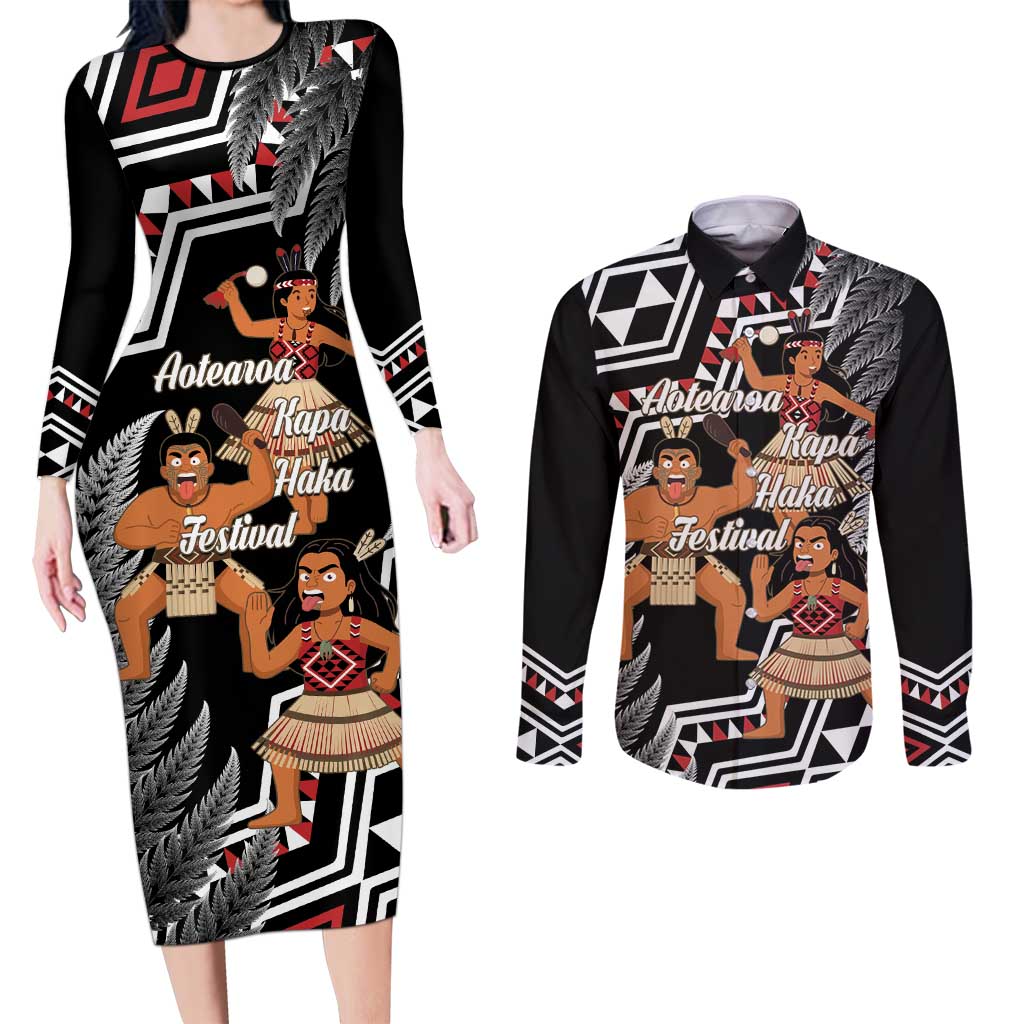 Aotearoa Kapa Haka Couples Matching Long Sleeve Bodycon Dress and Long Sleeve Button Shirt 2025 Festival - Traditional Maori Dance LT14 Black - Polynesian Pride