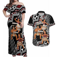 Aotearoa Kapa Haka Couples Matching Off Shoulder Maxi Dress and Hawaiian Shirt 2025 Festival - Traditional Maori Dance LT14 Black - Polynesian Pride