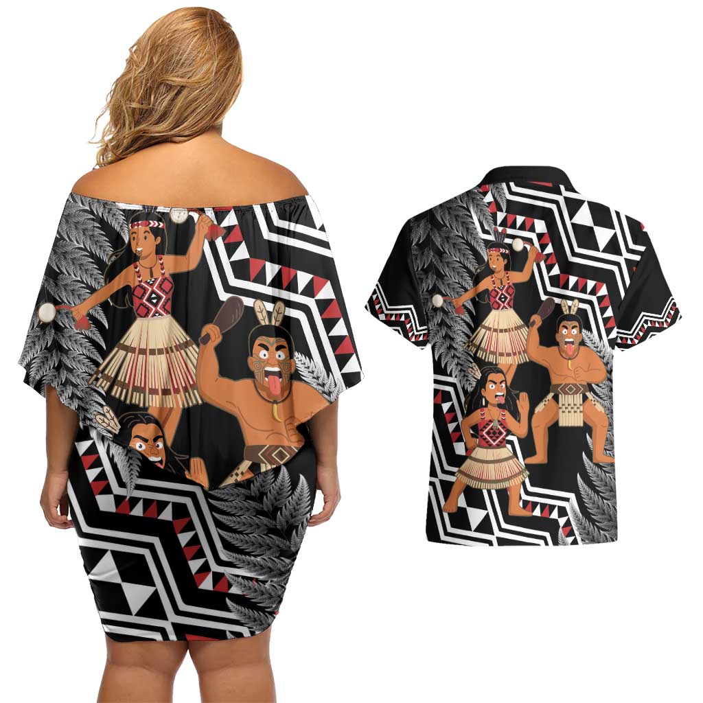 Aotearoa Kapa Haka Couples Matching Off Shoulder Short Dress and Hawaiian Shirt 2025 Festival - Traditional Maori Dance LT14 - Polynesian Pride