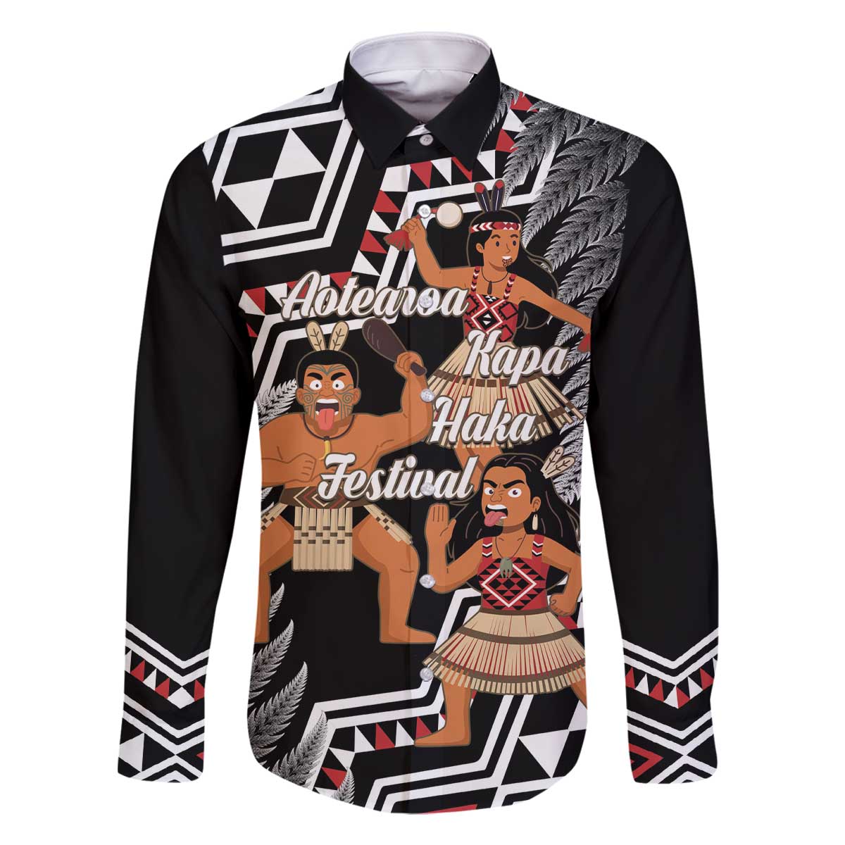 Aotearoa Kapa Haka Family Matching Off The Shoulder Long Sleeve Dress and Hawaiian Shirt 2025 Festival - Traditional Maori Dance LT14 Dad's Shirt - Long Sleeve Black - Polynesian Pride
