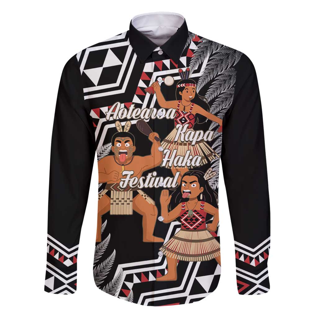 Aotearoa Kapa Haka Family Matching Off Shoulder Maxi Dress and Hawaiian Shirt 2025 Festival - Traditional Maori Dance LT14 Dad's Shirt - Long Sleeve Black - Polynesian Pride