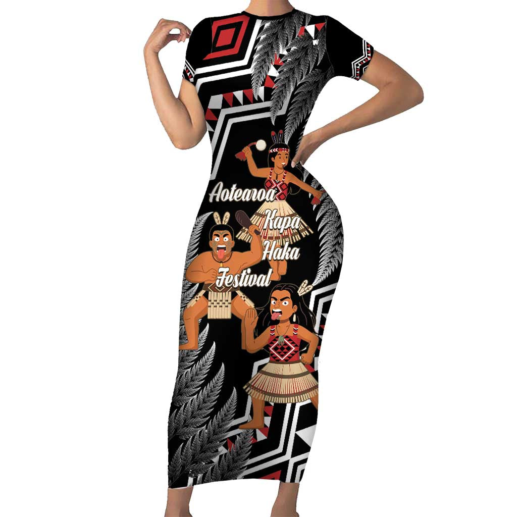 Aotearoa Kapa Haka Family Matching Short Sleeve Bodycon Dress and Hawaiian Shirt 2025 Festival - Traditional Maori Dance LT14 Mom's Dress Black - Polynesian Pride