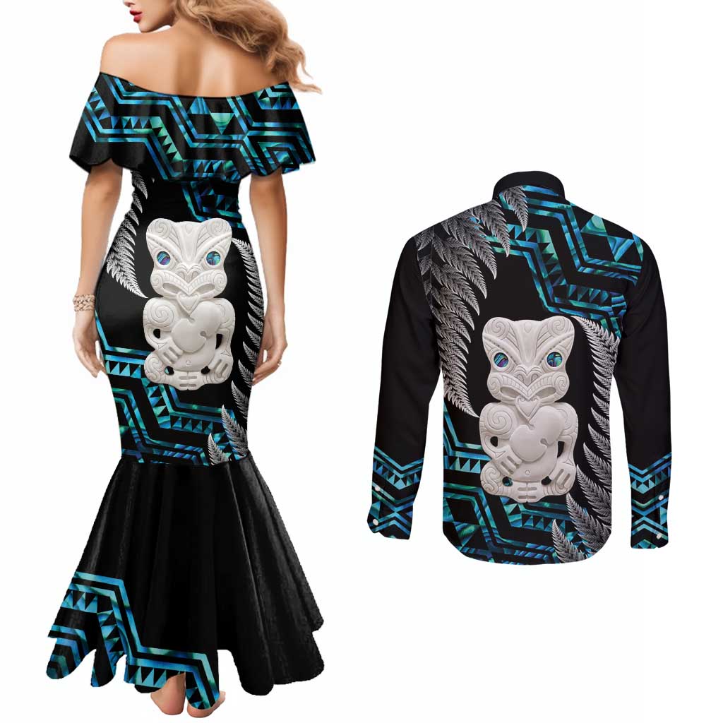 Aotearoa Taniko Paua Shell With Hei Tiki Couples Matching Mermaid Dress and Long Sleeve Button Shirt