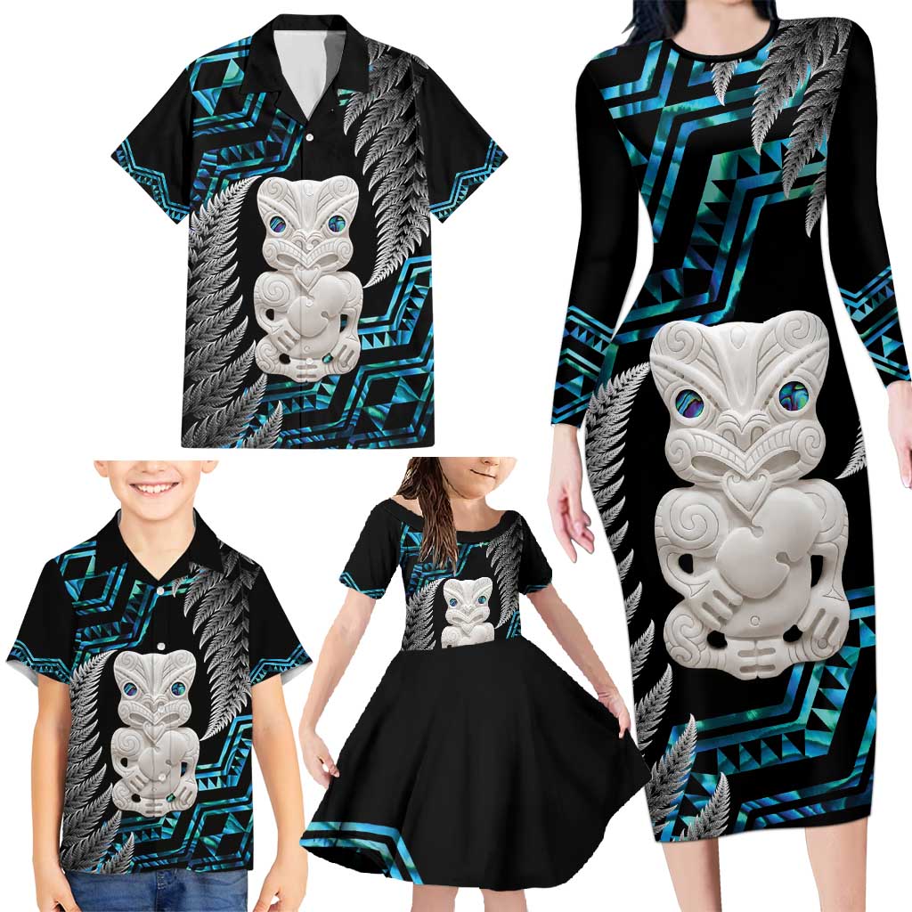Aotearoa Taniko Paua Shell With Hei Tiki Family Matching Long Sleeve Bodycon Dress and Hawaiian Shirt LT14 - Polynesian Pride
