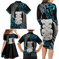 Aotearoa Taniko Paua Shell With Hei Tiki Family Matching Long Sleeve Bodycon Dress and Hawaiian Shirt LT14 - Polynesian Pride
