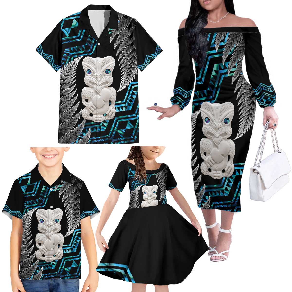 Aotearoa Taniko Paua Shell With Hei Tiki Family Matching Off The Shoulder Long Sleeve Dress and Hawaiian Shirt LT14 - Polynesian Pride